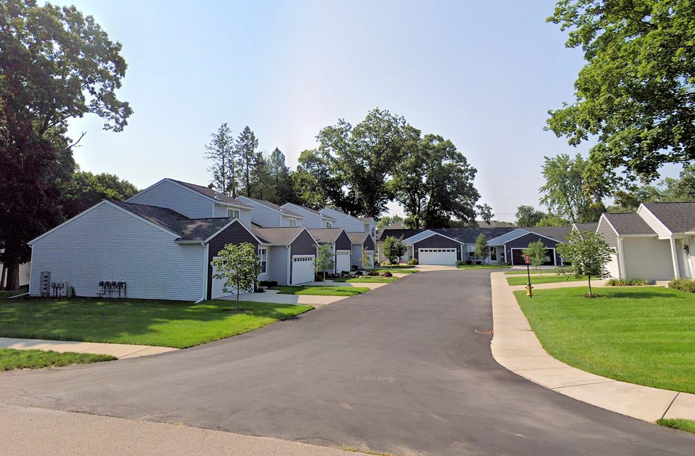 Residential street with irrigated lawns